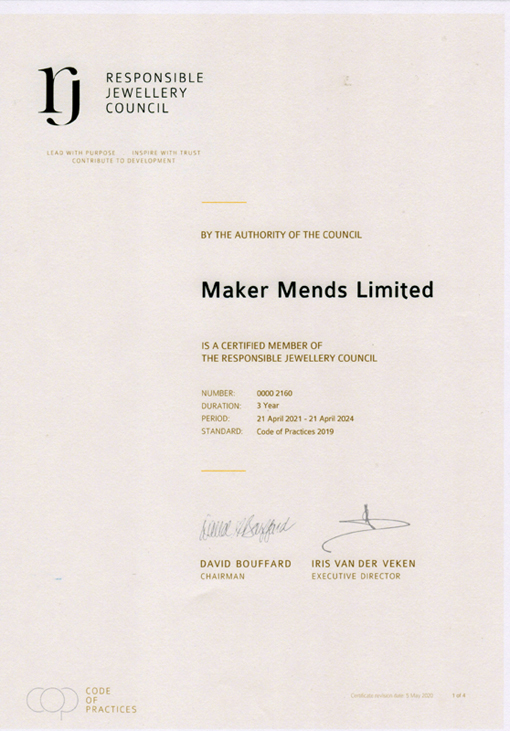 Reponsible Jewellery Council Certificate