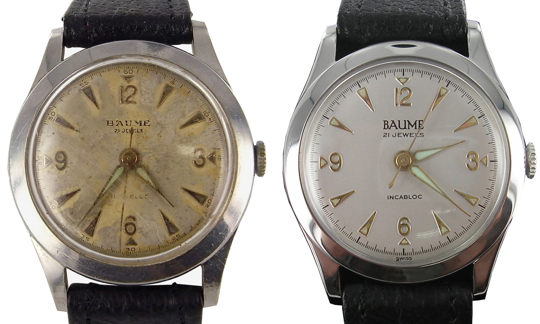 before and after shots of a watch refurbishment